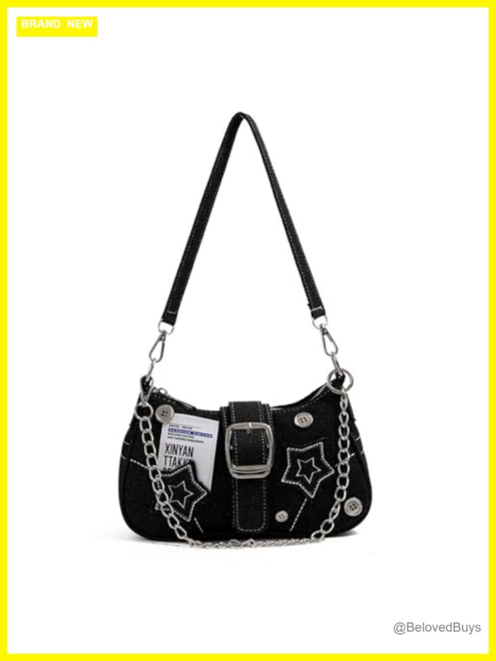 Grunge Denim Hobo Bag Y2K Chain Crossbody Distressed Stars